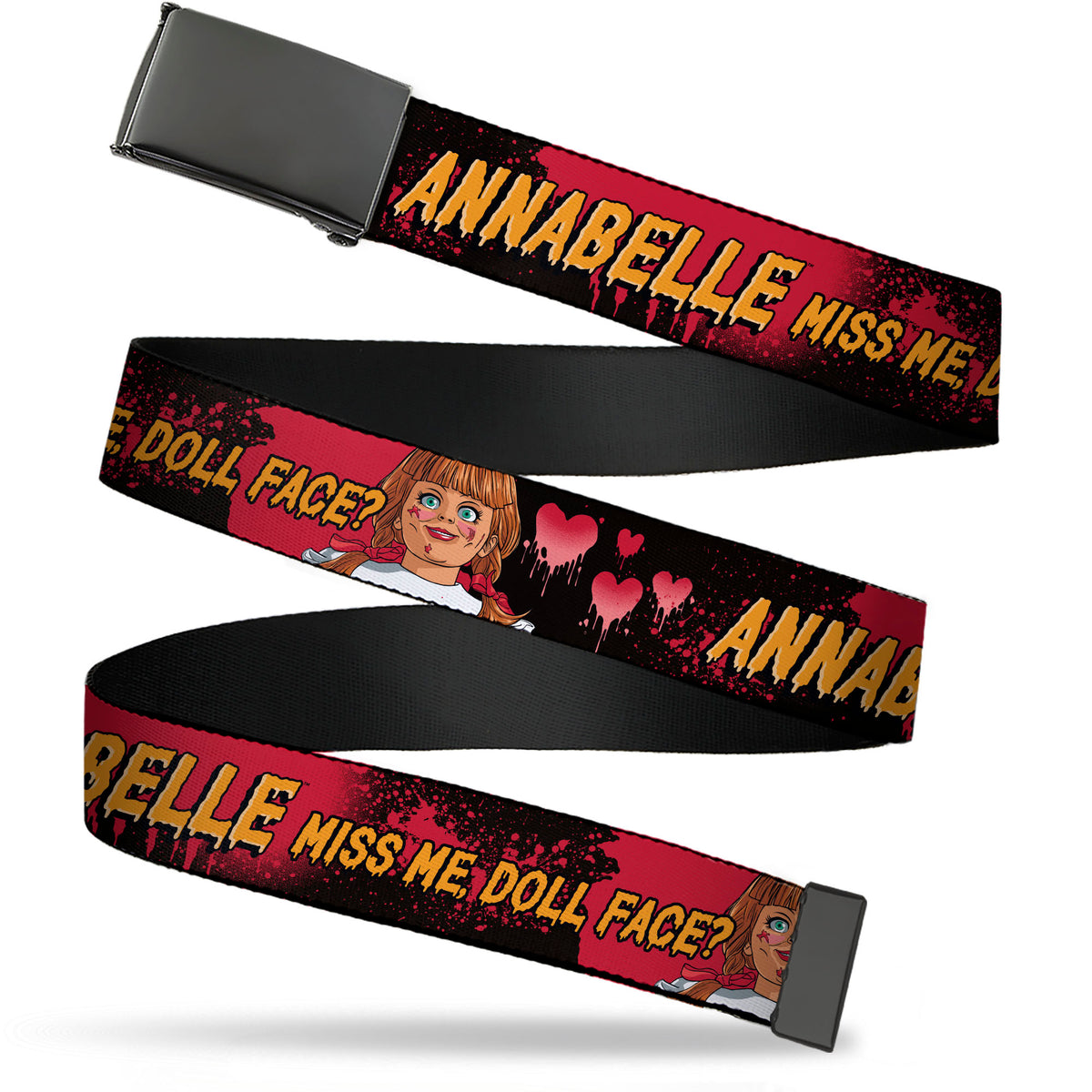 Web Belt Blank Black Buckle - ANNABELLE MISS ME DOLL FACE Pose Black/Reds Webbing Web Belts Annabelle
