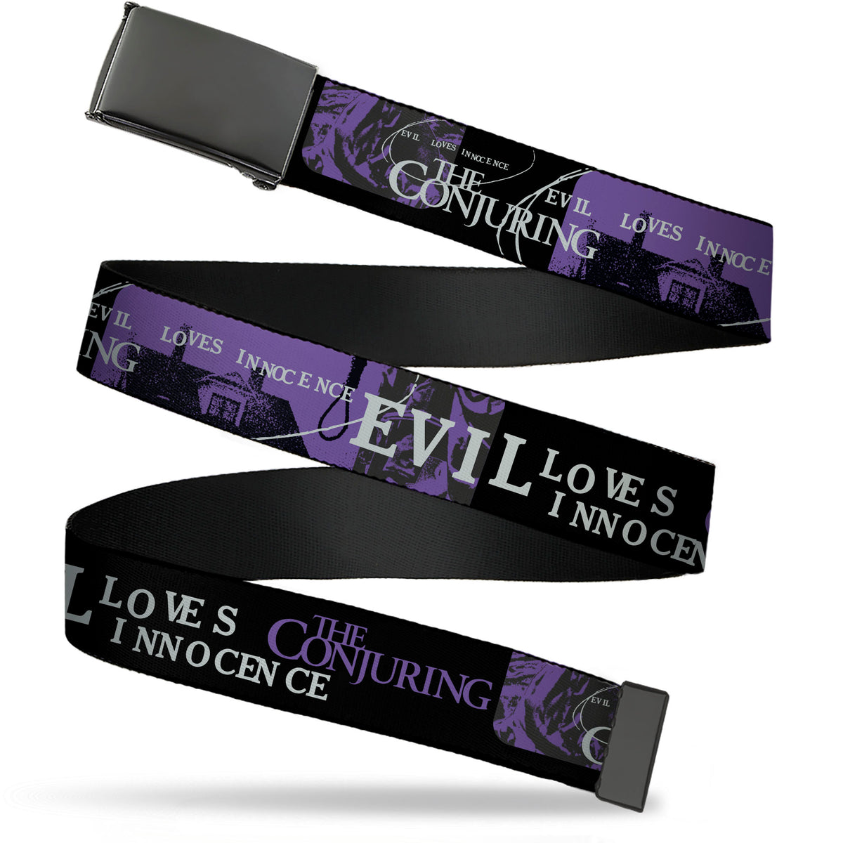 Web Belt Blank Black Buckle - THE CONJURING EVIL LOVES INNOCENCE Purple/Black Webbing Web Belts The Conjuring