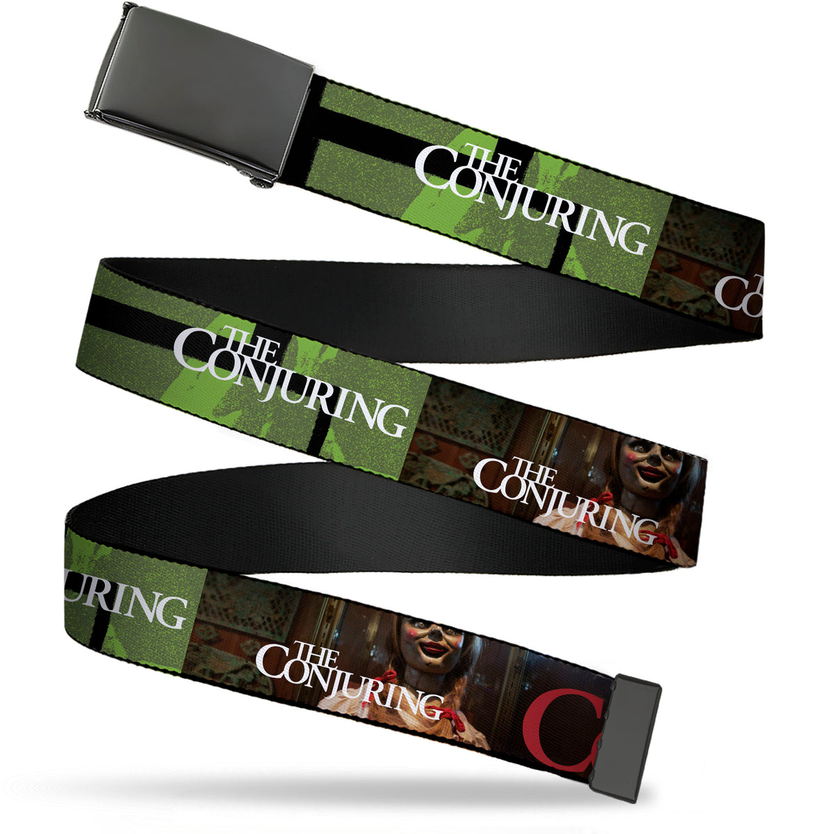 Web Belt Blank Black Buckle - THE CONJURING Annabelle Pose and Blocks Black/Greens/Red Webbing Web Belts The Conjuring
