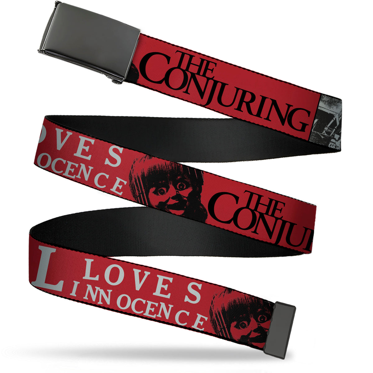 Web Belt Blank Black Buckle - THE CONJURING EVIL LOVES INNOCENCE Annabelle Red/Black/White Webbing Web Belts The Conjuring