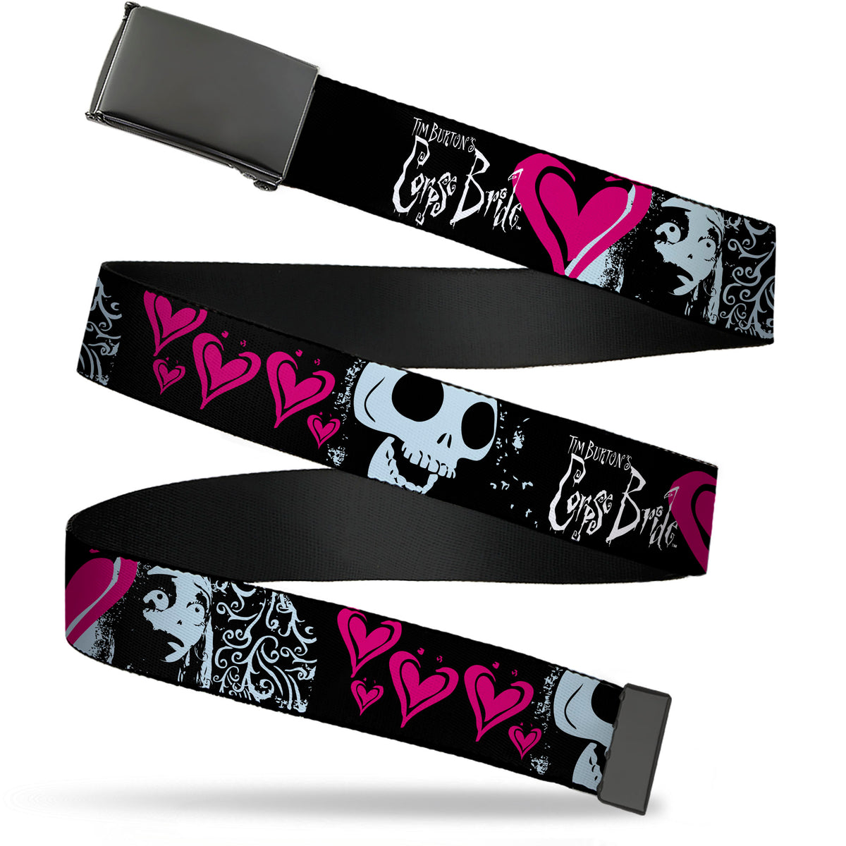 Web Belt Blank Black Buckle - CORPSE BRIDE Emily Hearts and Skull Black/Gray/Pink Webbing Web Belts Corpse Bride
