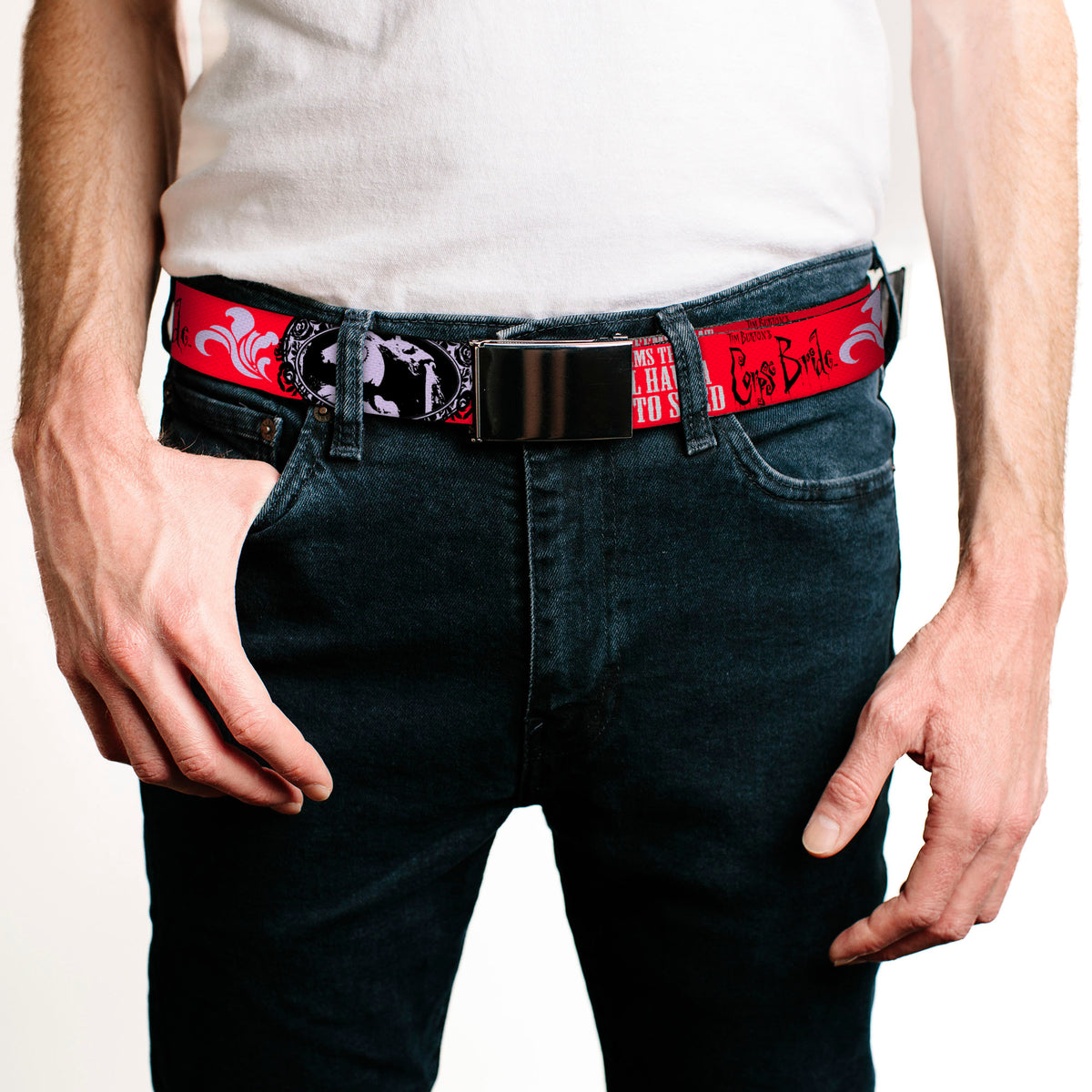 Web Belt Blank Black Buckle - CORPSE BRIDE Emily TEAR TO SHED Pose Red/White/Black Webbing Web Belts Corpse Bride