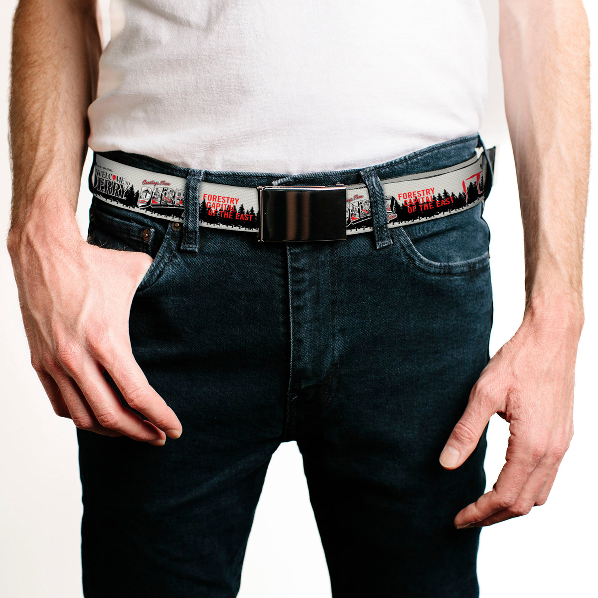 Web Belt Blank Black Buckle - IT WELCOME TO DERRY Icons and Forest Scenery White/Black/Red Webbing Web Belts IT