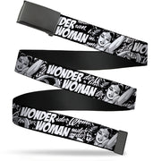Black Buckle Web Belt - WONDER WOMAN Action Pose/Text Collage Black/White/Grays Webbing Web Belts DC Comics