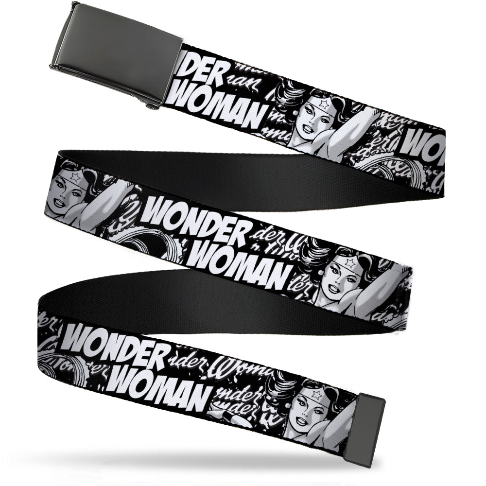 Black Buckle Web Belt - WONDER WOMAN Action Pose/Text Collage Black/White/Grays Webbing Web Belts DC Comics
