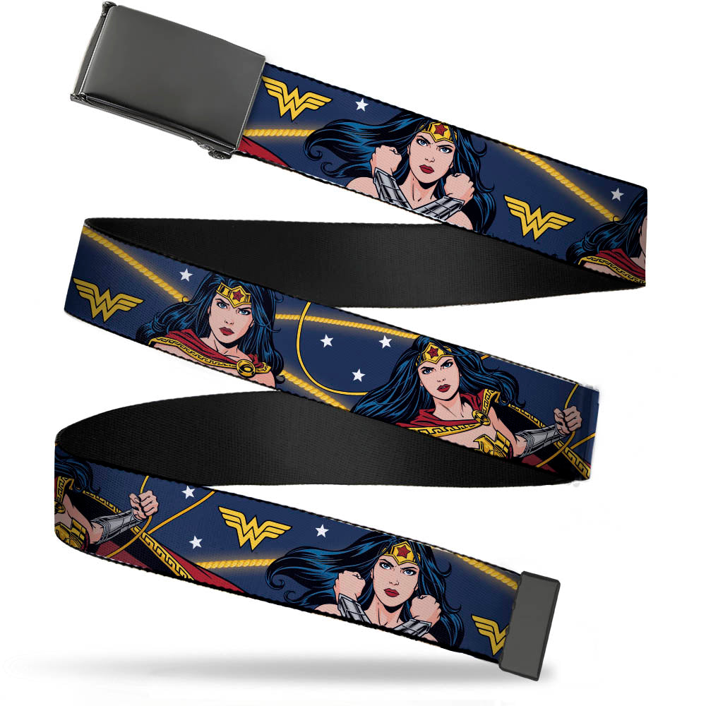 Black Buckle Web Belt - Wonder Woman 3-Poses/WW Logo/Stars Blue/Yellow/White Webbing Web Belts DC Comics