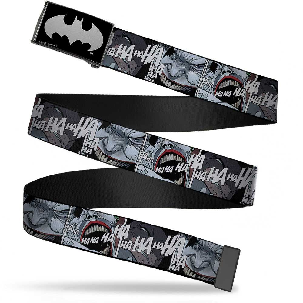 Adjustable Belt, Clamp Buckle, Cut-to-Fit, Joker Laughing Close Up Black White Web Belts DC Comics