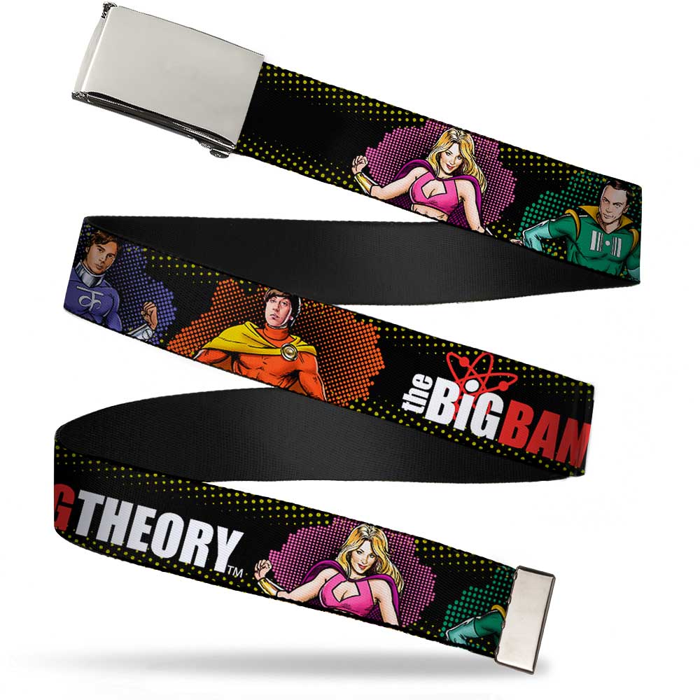Chrome Buckle Web Belt - THE BIG BANG THEORY Superhero Character Poses Black Webbing Web Belts The Big Bang Theory