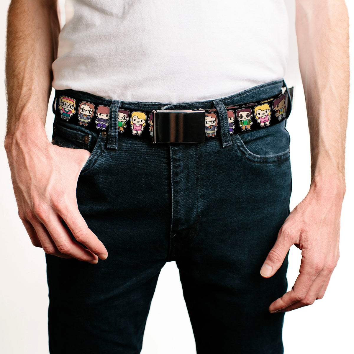 Chrome Buckle Web Belt - Big Bang Theory Chibi Characters Black Webbing Web Belts The Big Bang Theory