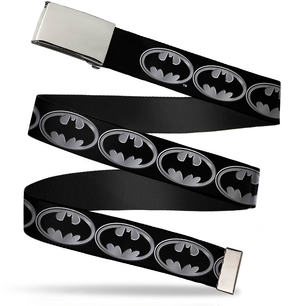 Web Belt Blank Chrome Buckle - Batman Shield Black/Silver Webbing Web Belts DC Comics