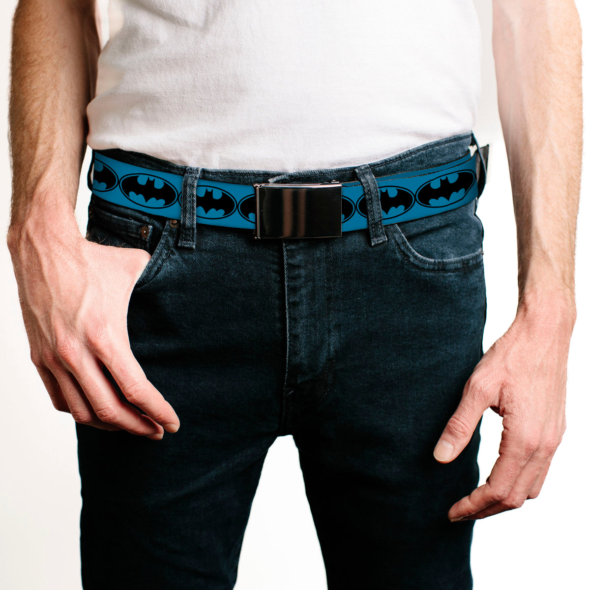 Chrome Buckle Web Belt - Bat Signal-3 Blue/Black/Blue Webbing Web Belts DC Comics