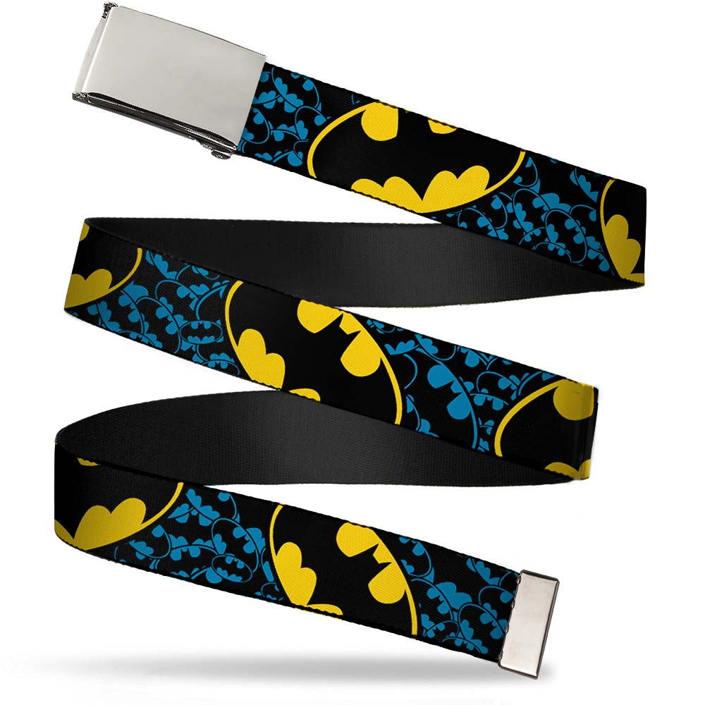 Chrome Buckle Web Belt - Bat Signals Stacked w/CLOSE-UP Blue/Black/Yellow Webbing Web Belts DC Comics