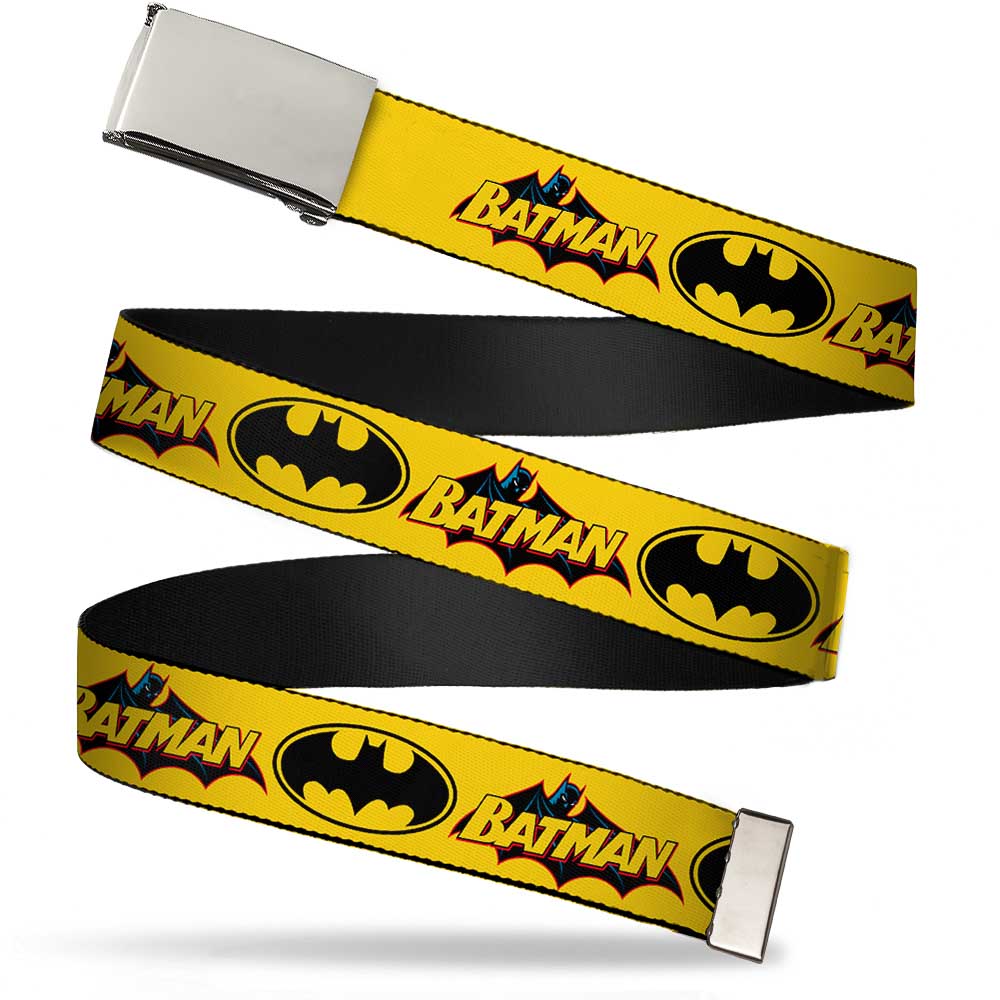 Chrome Buckle Web Belt - Vintage Batman Logo & Bat Signal-3 Yellow Webbing Web Belts DC Comics