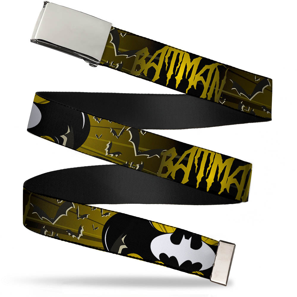 Chrome Buckle Web Belt - BATMAN w/Bat Signals & Flying Bats Yellow/Black/White Webbing Web Belts DC Comics