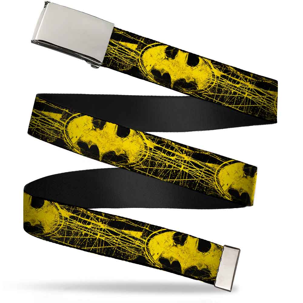 Chrome Buckle Web Belt - Batman Shield CLOSE-UP Sketch Black/Yellow Webbing Web Belts DC Comics