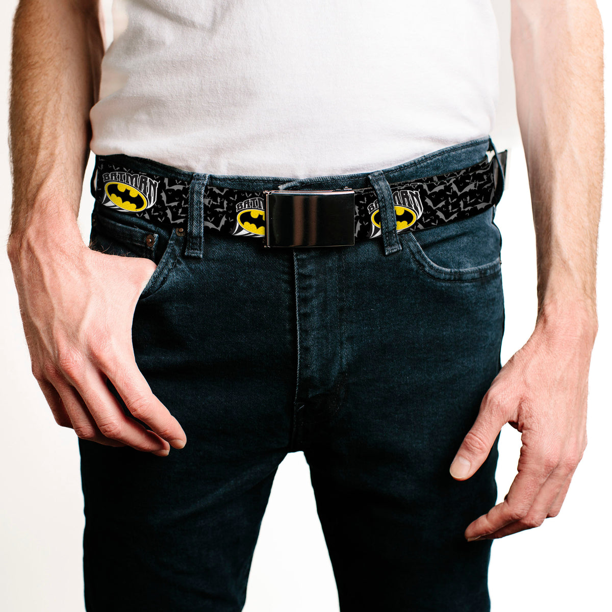 Chrome Buckle Web Belt - BATMAN w/Bat Shield & Flying Bats Black/Gray Webbing Web Belts DC Comics
