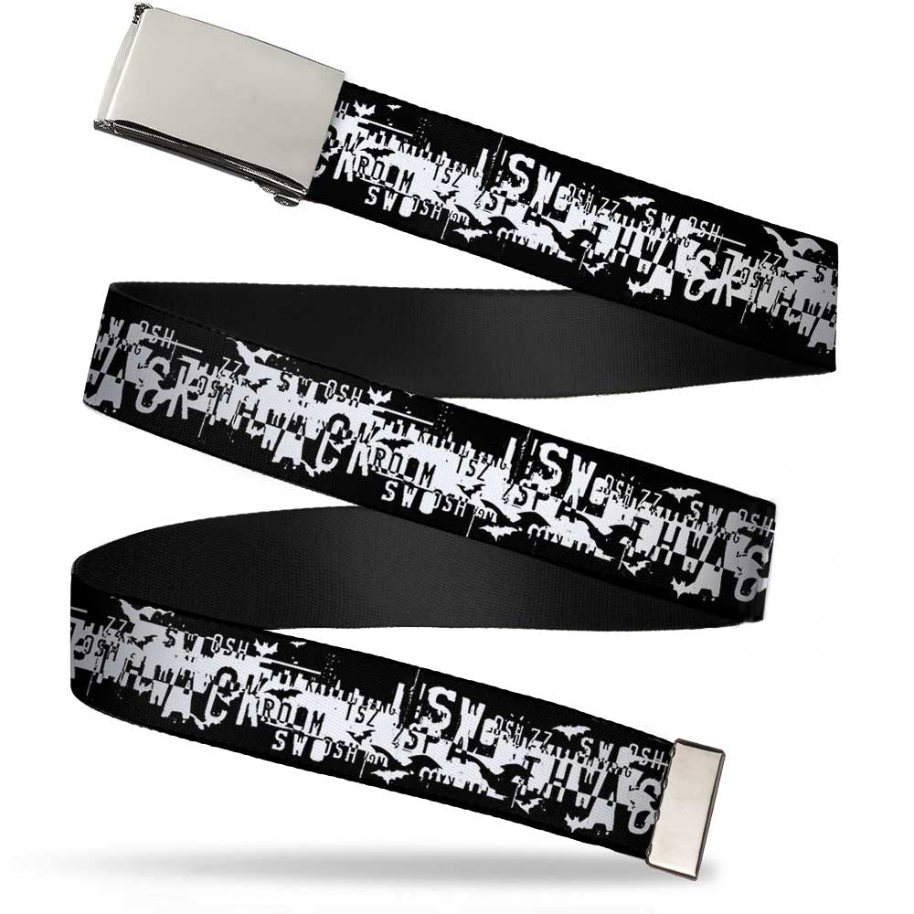 Chrome Buckle Web Belt - Batman Action Verbiage Black/White Webbing Web Belts DC Comics