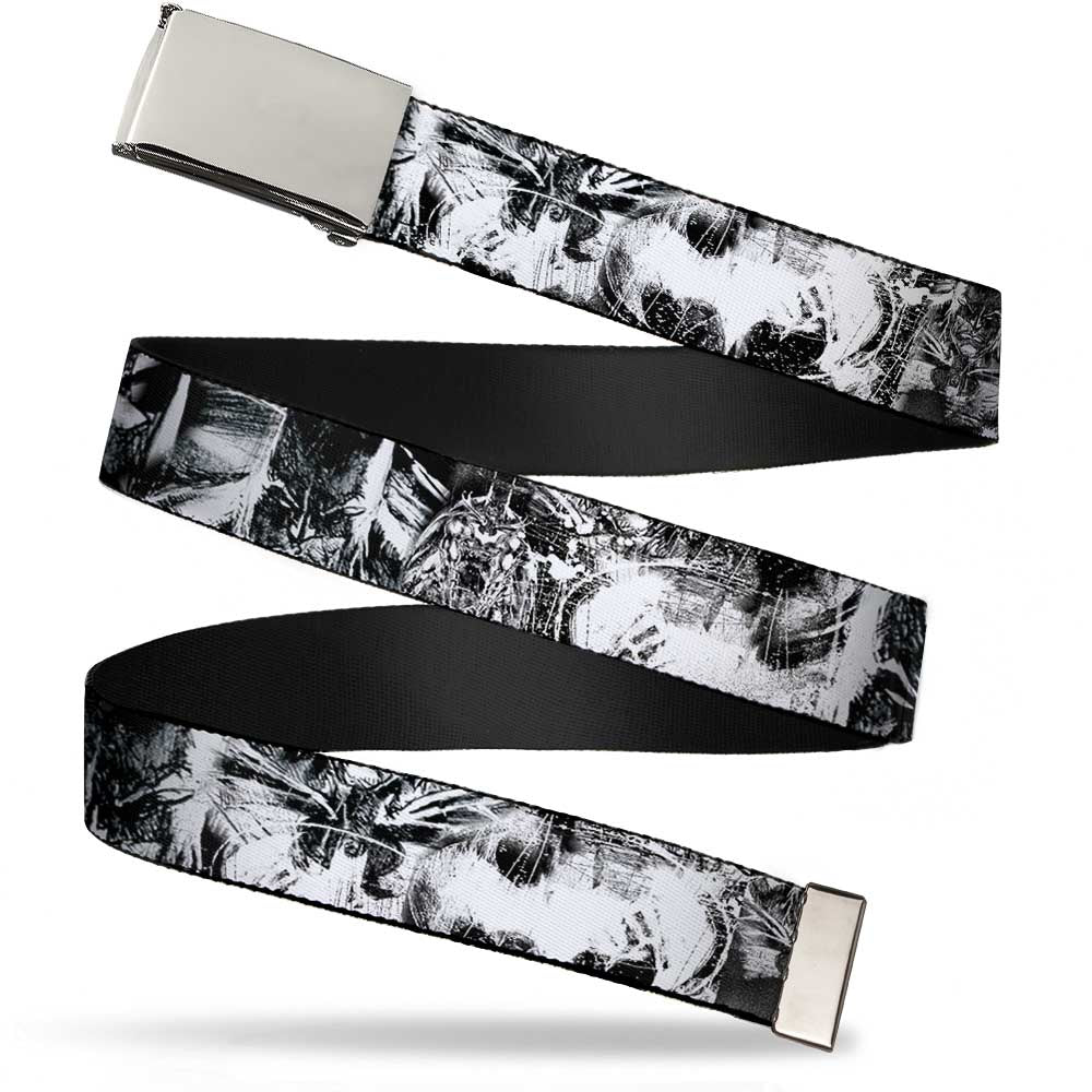 Chrome Buckle Web Belt - Batman Poses & Bat Shield Sketch White/Black Webbing Web Belts DC Comics