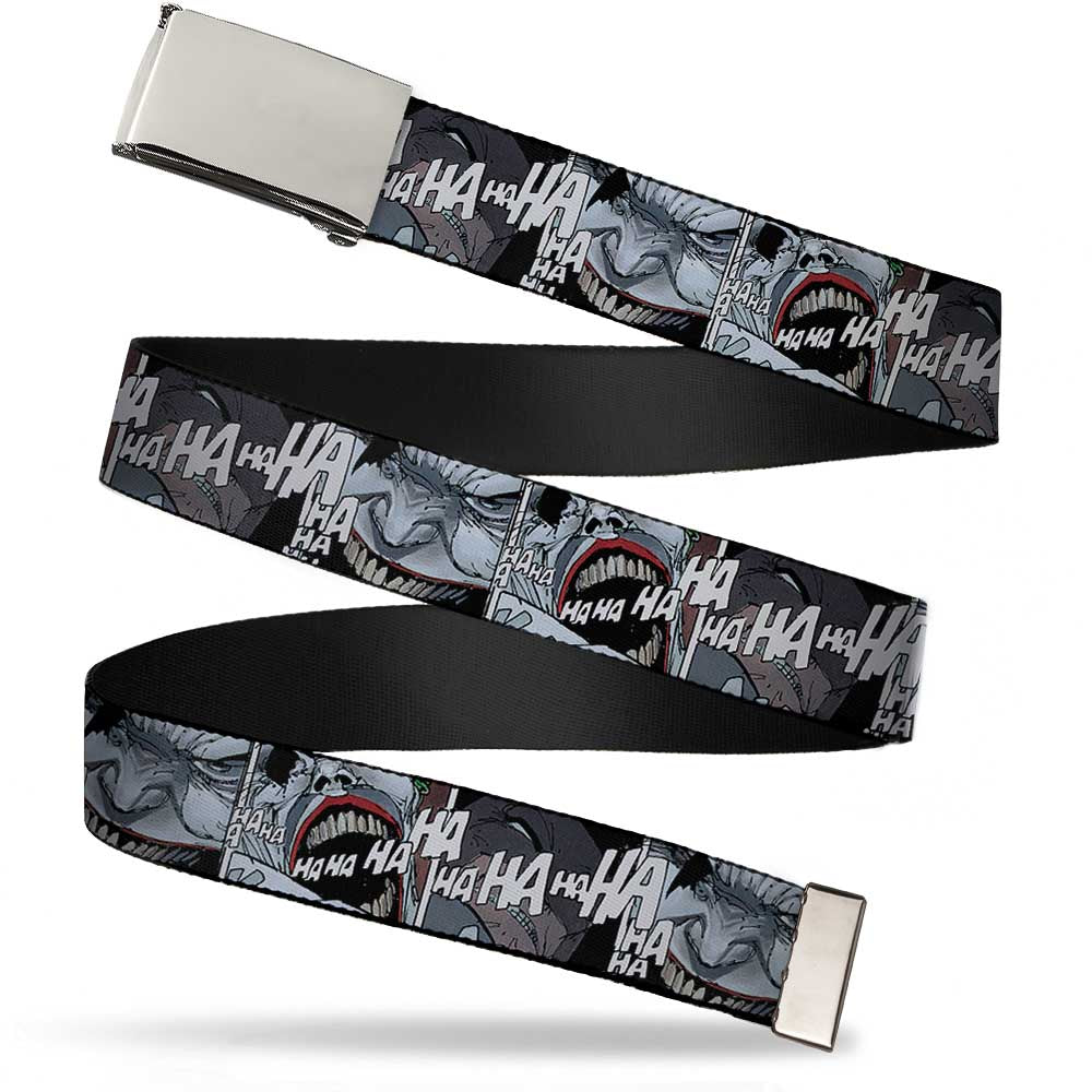Web Belt Blank Chrome Buckle - Joker Laughing CLOSE-UP Black/White Webbing Web Belts DC Comics