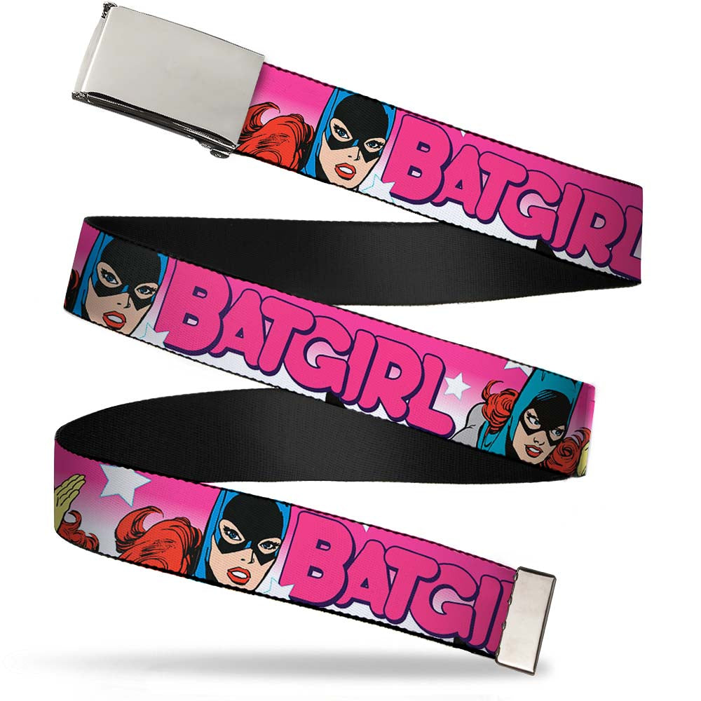 Chrome Buckle Web Belt - BATGIRL Bubble Letters w/Stars Pink/White Webbing Web Belts DC Comics