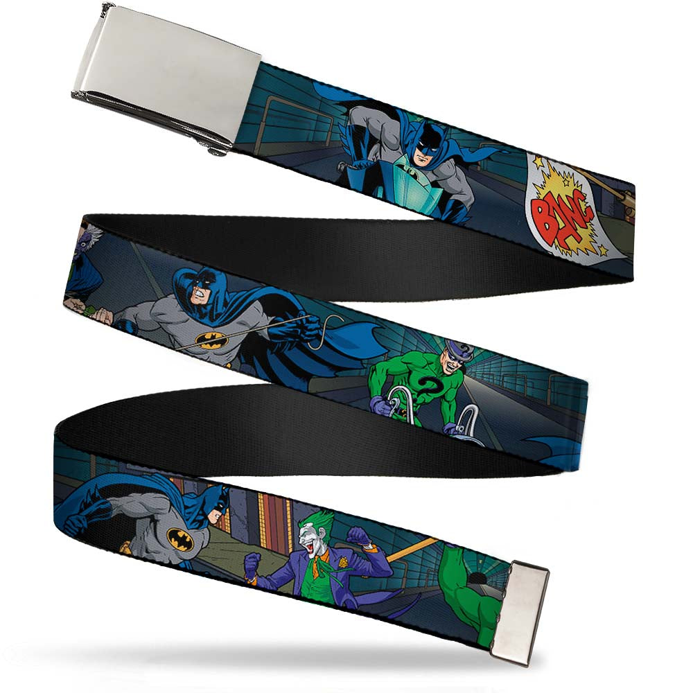 Chrome Buckle Web Belt - Batman Battling Villains in Tunnel Webbing Web Belts DC Comics