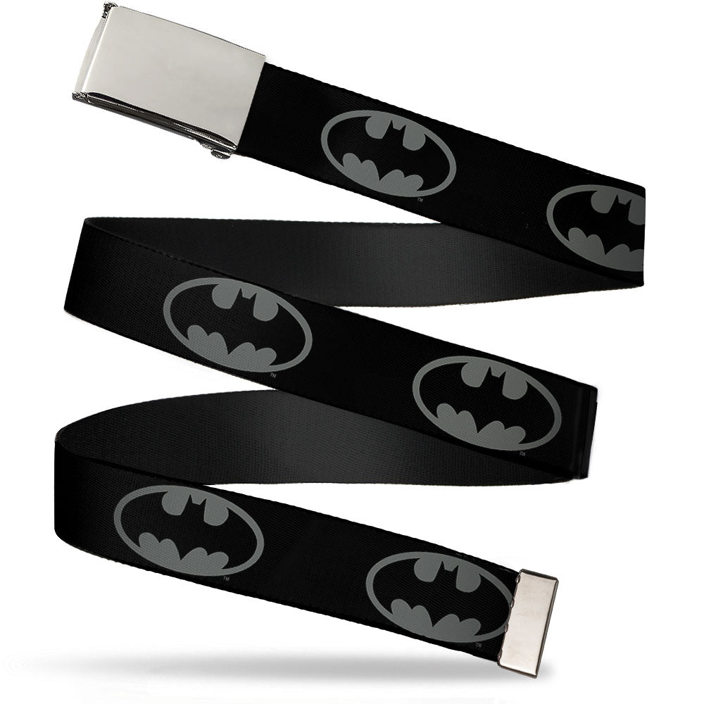 Chrome Buckle Web Belt - Batman Shield Black/Gray Webbing Web Belts DC Comics
