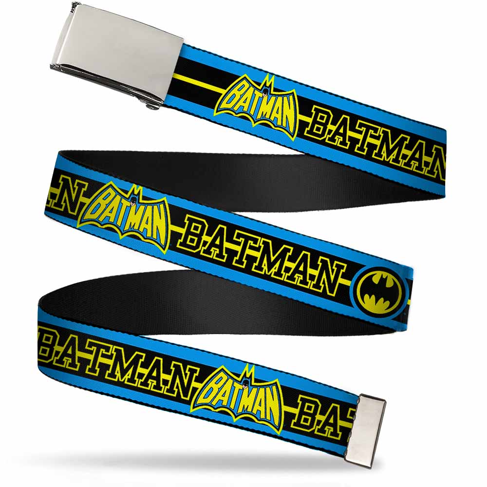 Chrome Buckle Web Belt - BATMAN/Retro Logos Stripe Blue/Black/Yellow Webbing Web Belts DC Comics