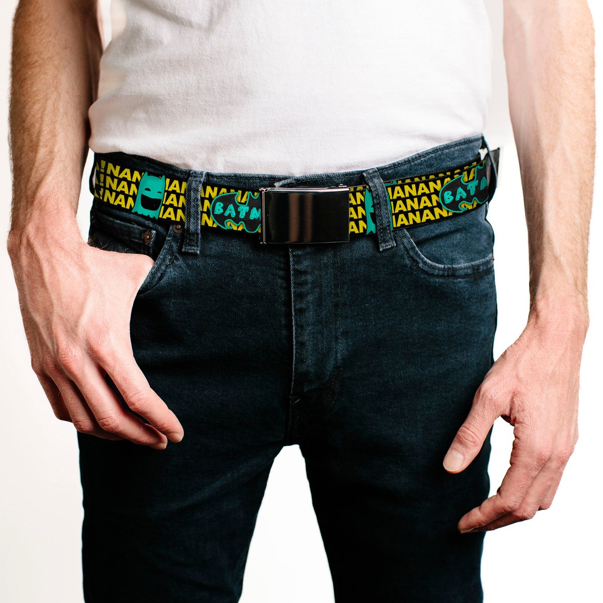 Chrome Buckle Web Belt - Batman Face & Logo Sketch/NANANA! Black/Yellow/Aqua Webbing Web Belts DC Comics