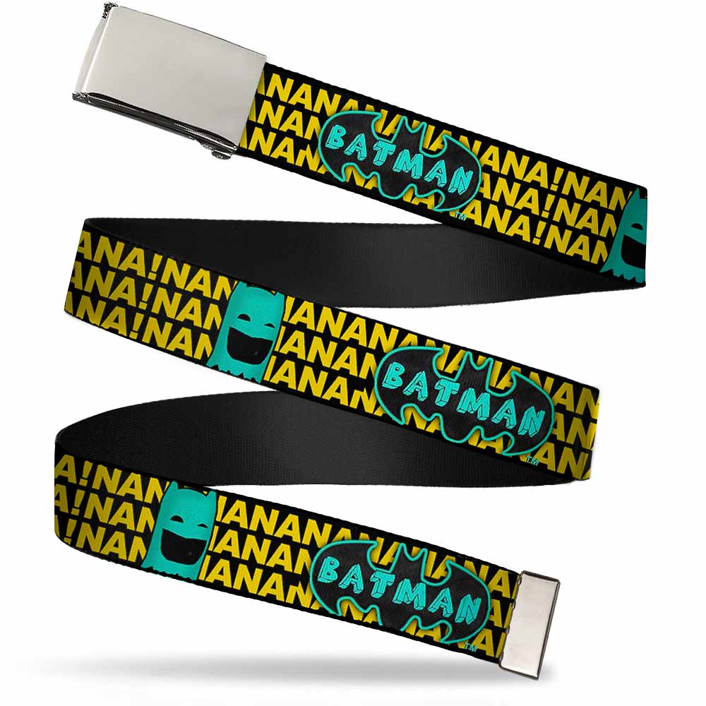 Chrome Buckle Web Belt - Batman Face & Logo Sketch/NANANA! Black/Yellow/Aqua Webbing Web Belts DC Comics