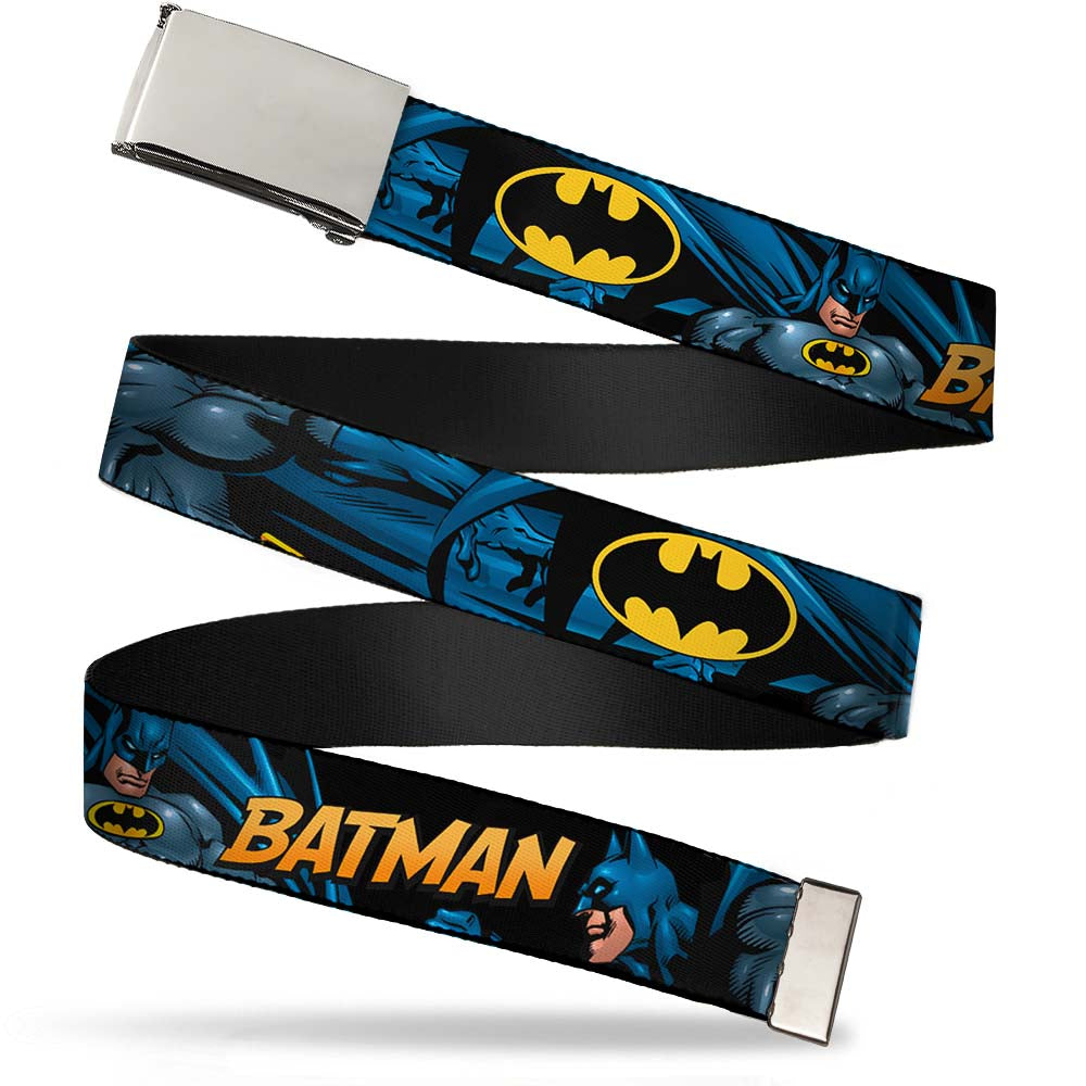 Chrome Buckle Web Belt - BATMAN Action Poses/Bat Signal Black Webbing Web Belts DC Comics