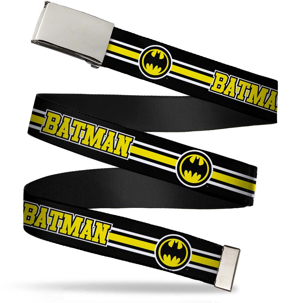 Chrome Buckle Web Belt - BATMAN/Bat Signal Triple Stripe Black/White/Yellow Webbing Web Belts DC Comics