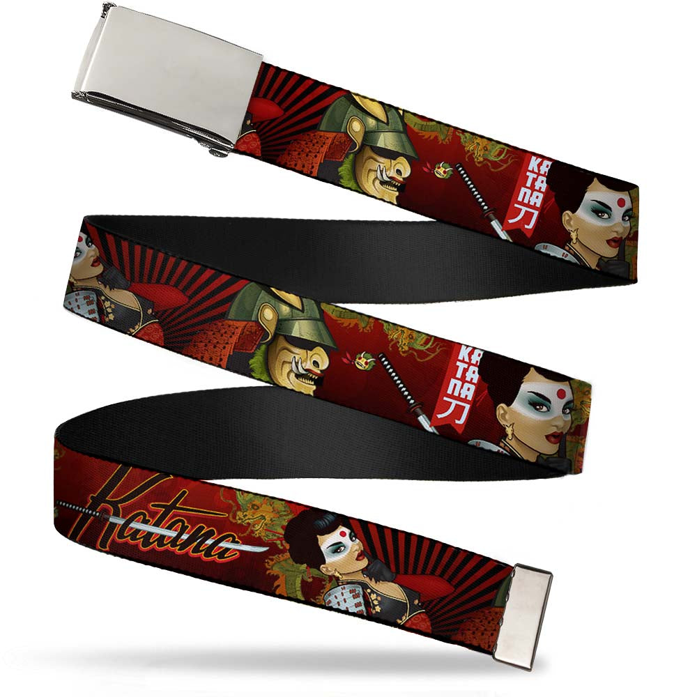 Chrome Buckle Web Belt - KATANA Poses & Samurai Dragons/Rays Reds/Black Webbing Web Belts DC Comics
