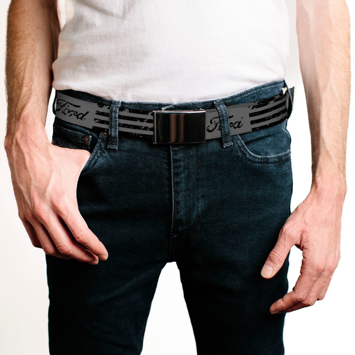 Web Belt Blank Chrome Buckle - FORD Script Stripe Blocks Weathered Gray/Black Webbing Web Belts Ford