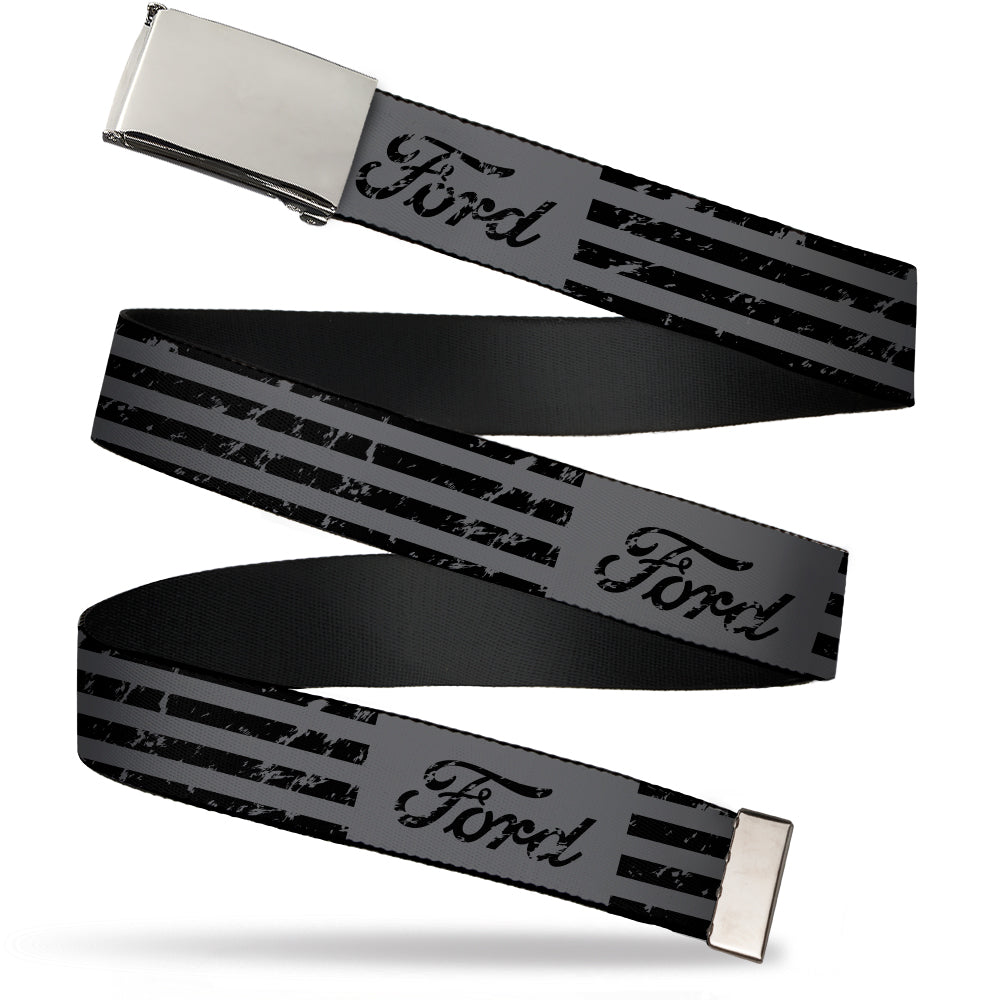 Web Belt Blank Chrome Buckle - FORD Script Stripe Blocks Weathered Gray/Black Webbing Web Belts Ford