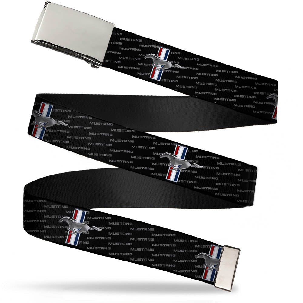 Web Belt Blank Chrome Buckle - Ford Mustang w/Bars REPEAT w/Text Webbing Web Belts Ford