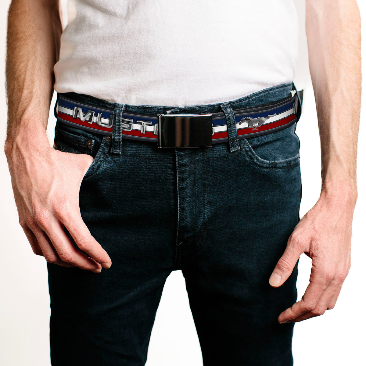 Web Belt Blank Chrome Buckle - Mustang/Text w/Tri-Bar Stripe Webbing Web Belts Ford