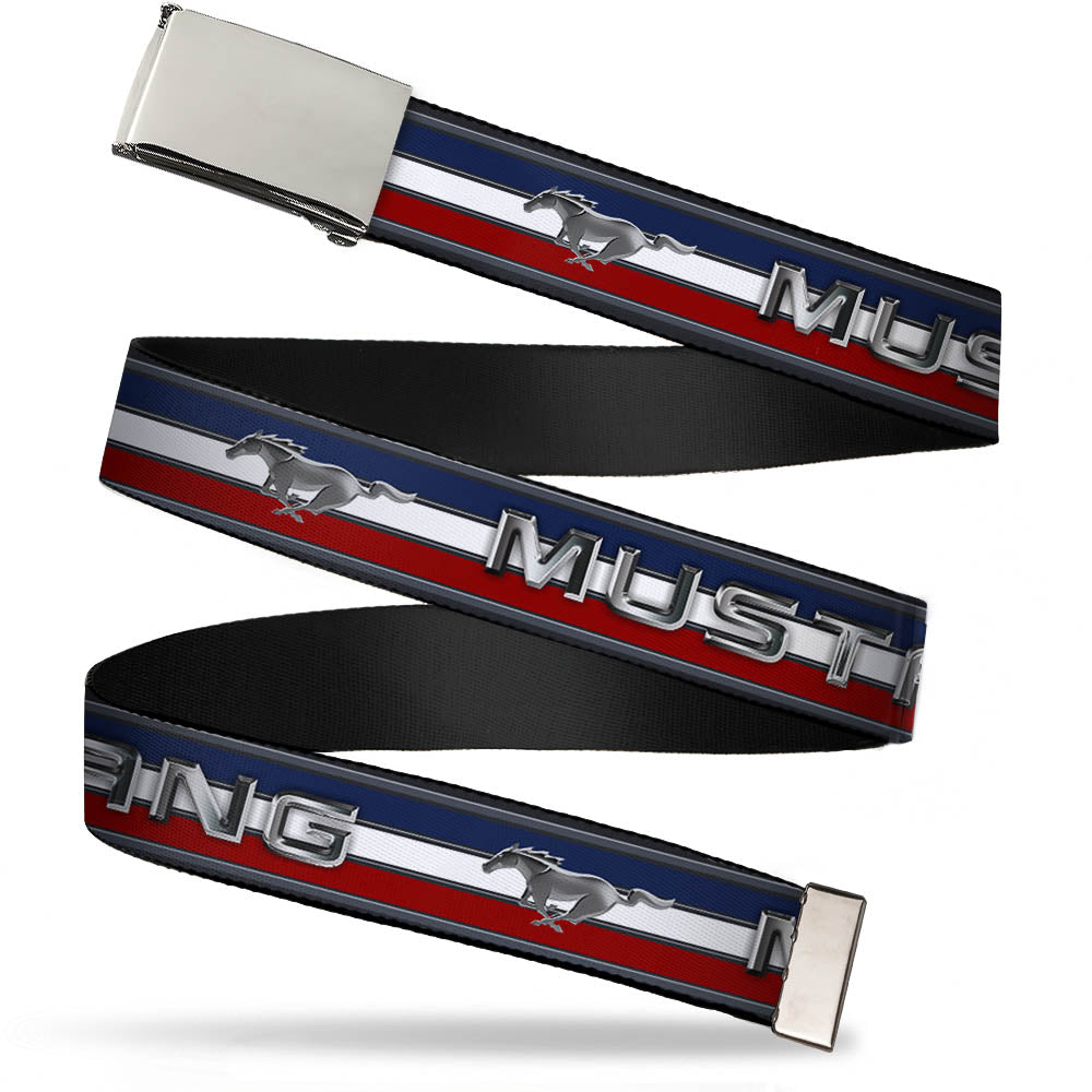 Web Belt Blank Chrome Buckle - Mustang/Text w/Tri-Bar Stripe Webbing Web Belts Ford