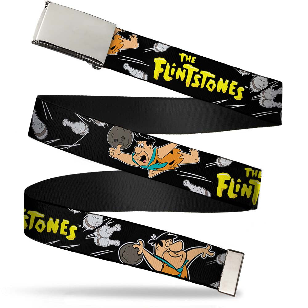 Chrome Buckle Web Belt - THE FLINTSTONES Fred Bowling Poses/Bowling Pins Black Webbing Web Belts The Flintstones