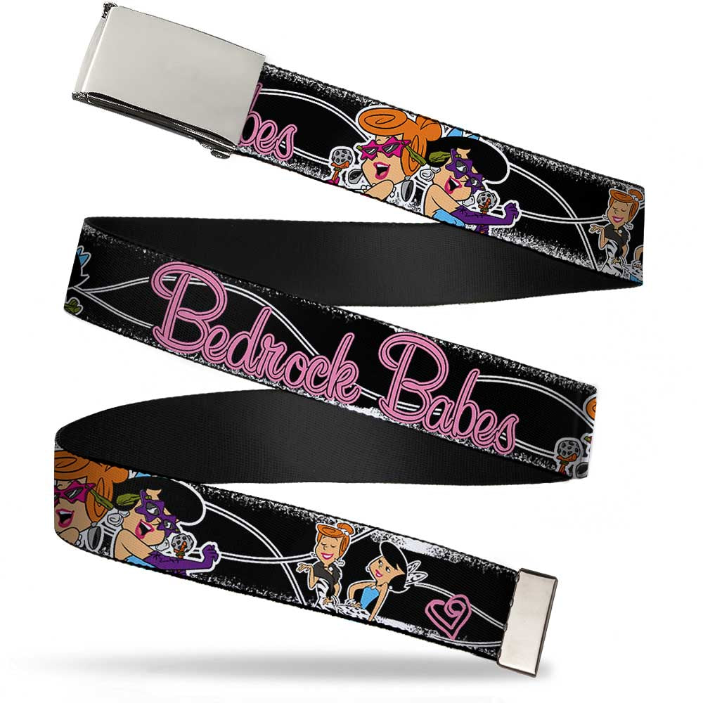 Chrome Buckle Web Belt - Wilma & Betty Glam Poses BEDROCK BABES Black/Pink Webbing Web Belts The Flintstones