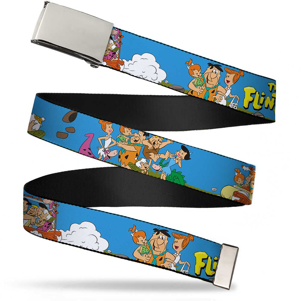 Chrome Buckle Web Belt - The Flintstones and Rubbles Group Pose/Logo Blue Webbing Web Belts The Flintstones