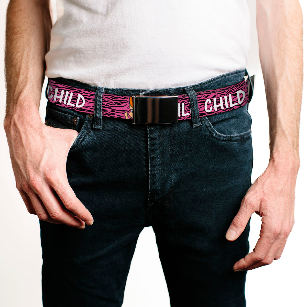 Chrome Buckle Web Belt - Pebbles Face/Pose WILD CHILD Pink/Black/White Webbing Web Belts The Flintstones