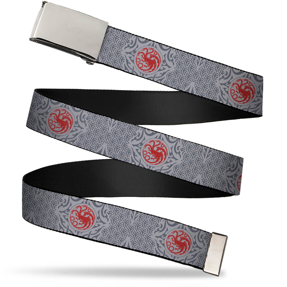 Web Belt Blank Chrome Buckle - House of the Dragon Targaryen Sigil Four-Legged Dragon Grays/Red Webbing Web Belts House of the Dragon
