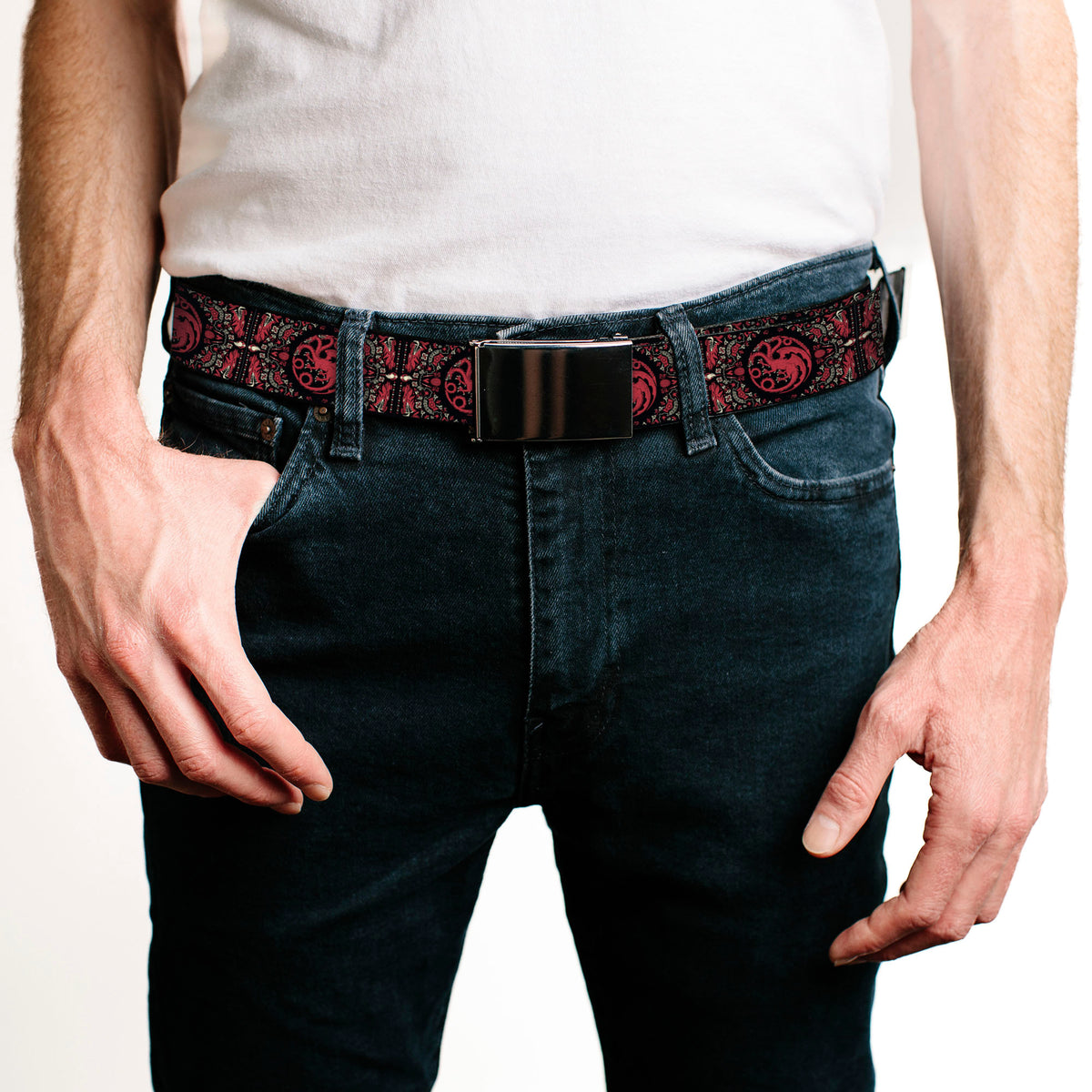 Web Belt Blank Chrome Buckle - House of the Dragon Targaryen Sigil Four-Legged Dragon Black/Red/Grays Webbing Web Belts House of the Dragon