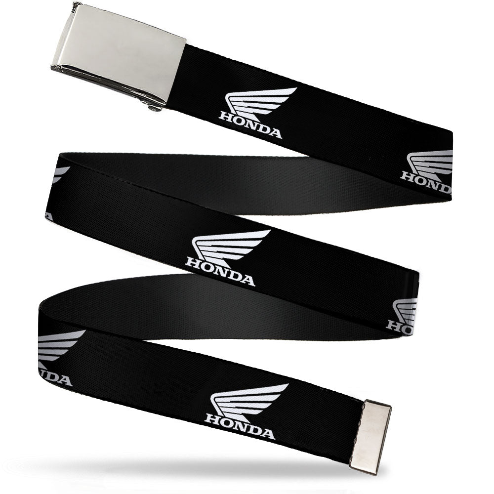 Chrome Buckle Web Belt - HONDA Motorcycle Logo Black/White Webbing Web Belts Honda Motorsports