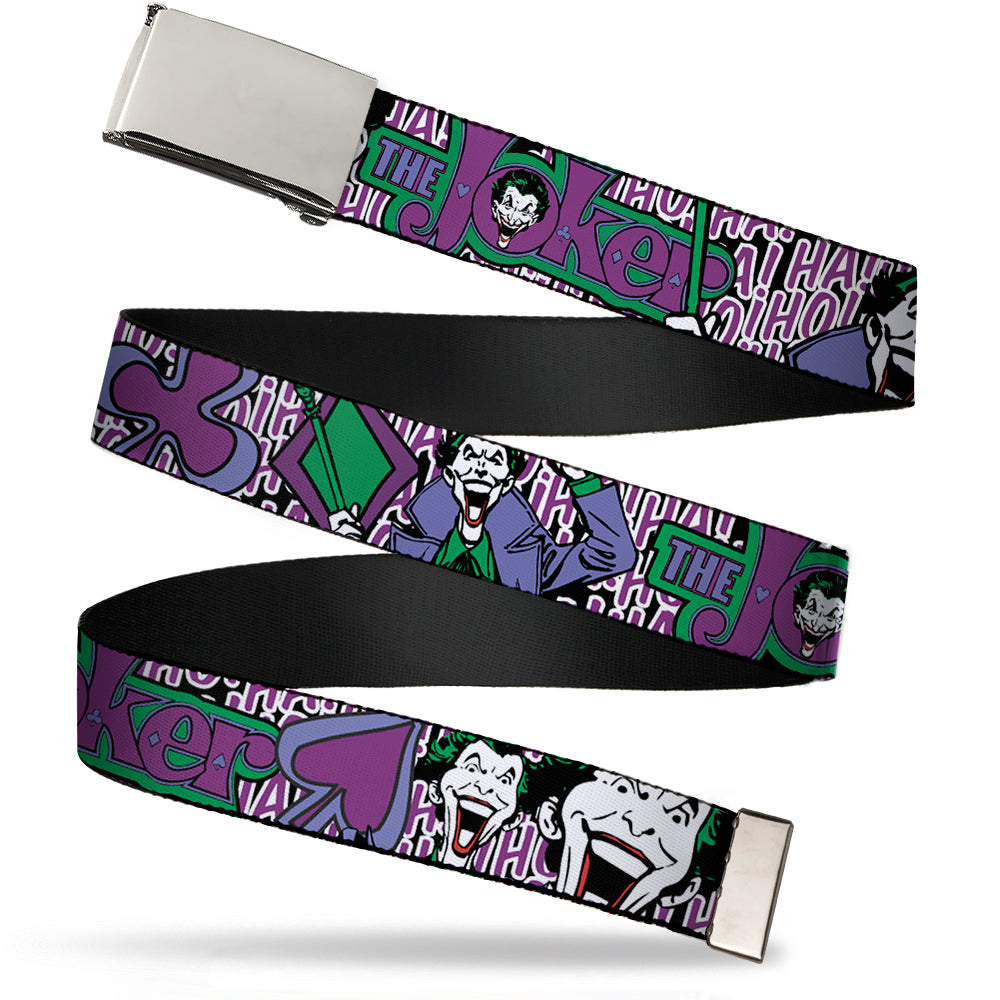 Chrome Buckle Web Belt - Joker Face/Logo/Spades Black/White/Purple Webbing Web Belts DC Comics