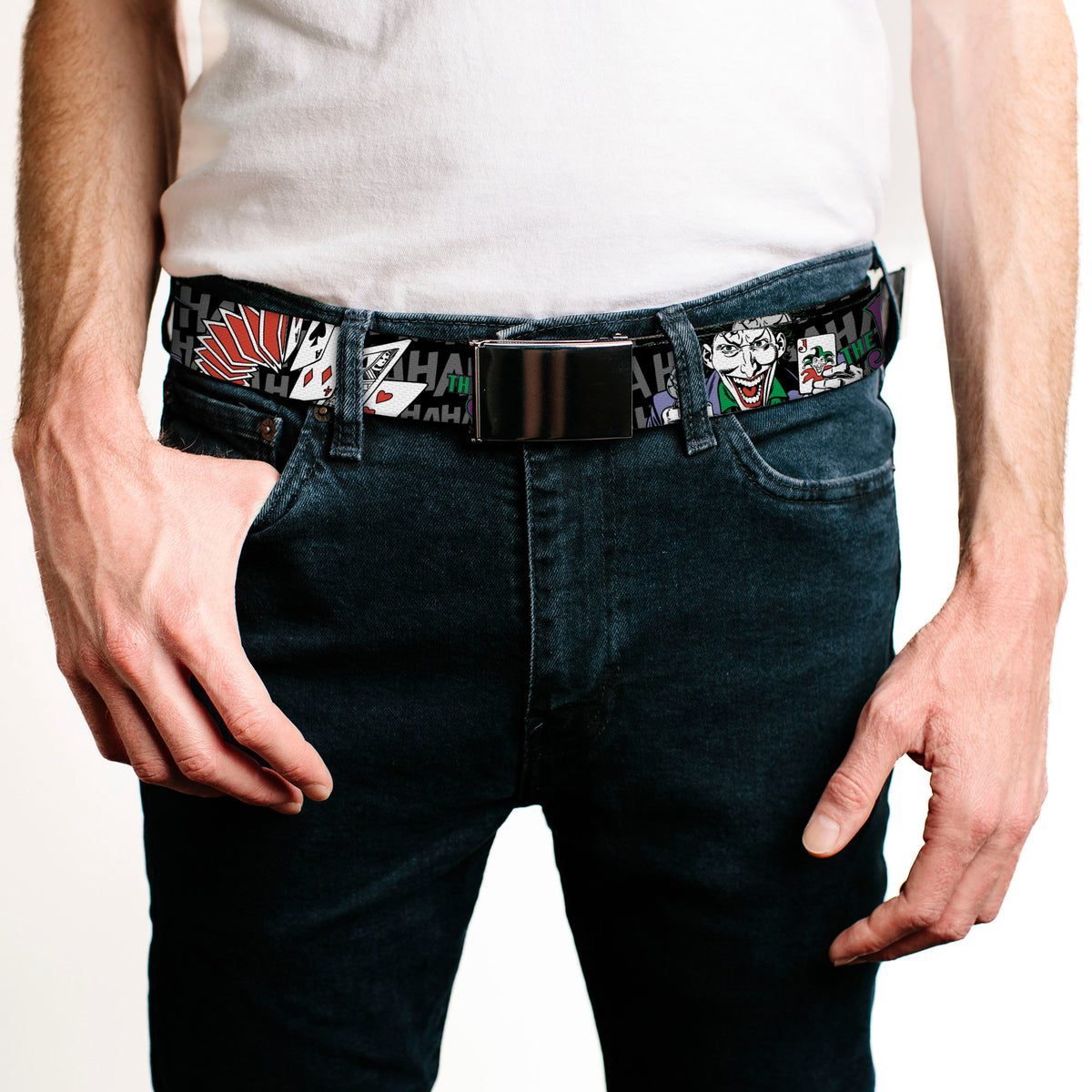 Chrome Buckle Web Belt - The Joker Pose/Cards/HAHAHAHA Black/Gray Webbing Web Belts DC Comics