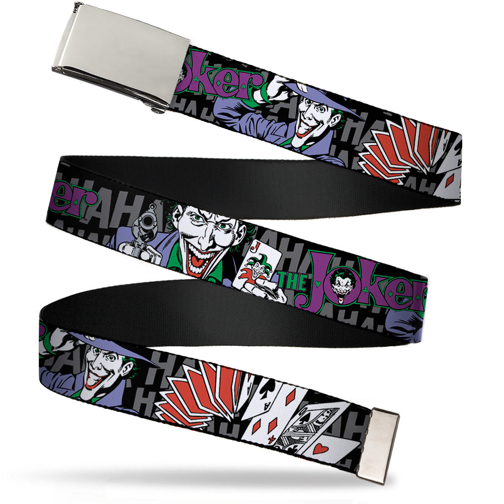 Chrome Buckle Web Belt - The Joker Pose/Cards/HAHAHAHA Black/Gray Webbing Web Belts DC Comics