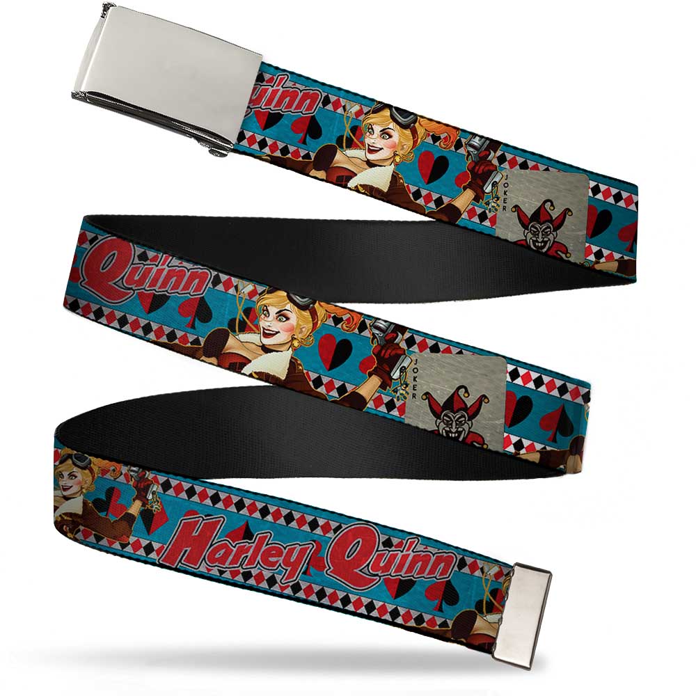 Chrome Buckle Web Belt - Harley Quinn Bombshell Pin-Up Pose/Joker Card/Suits Blue/White/Red/Black Webbing Web Belts DC Comics