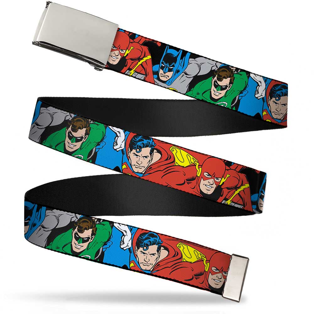Chrome Buckle Web Belt - Justice League Superheroes CLOSE-UP New Webbing Web Belts DC Comics