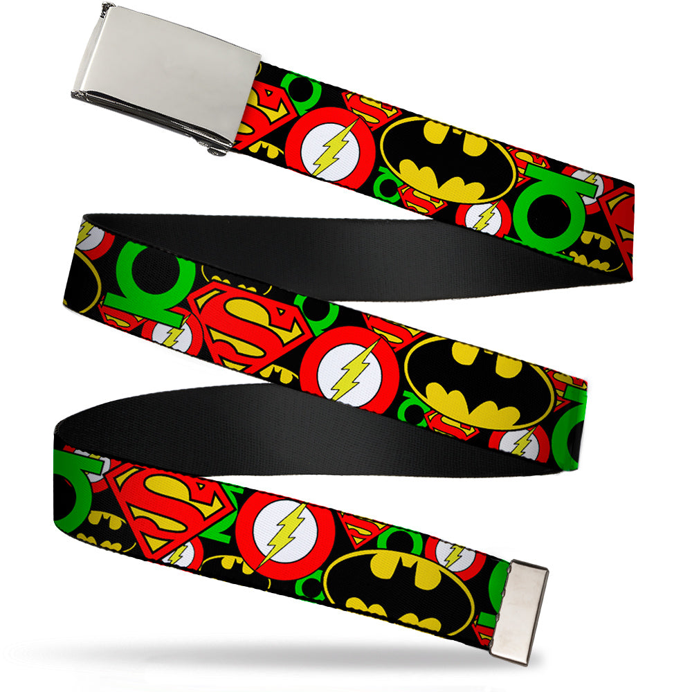 Chrome Buckle Web Belt - Justice League Stacked Logos Webbing Web Belts DC Comics
